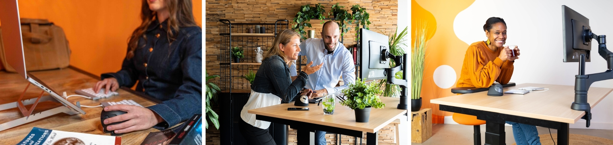 Drei Büroszenen zeigen Menschen bei der Computerarbeit an unterschiedlich ausgestatteten ergonomischen Schreibtischen.